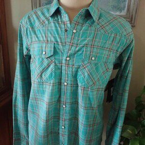 Ariat Retro Fit Pearl Snap Shirt Men's L Plaid Teal Long Sleeve Cowboy NWT